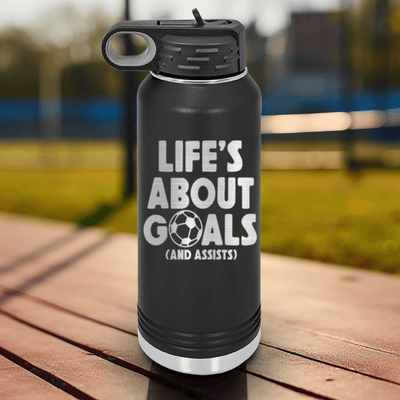 Black Soccer Water Bottle With Celebrating Scores And Teamwork Design