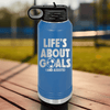 Blue Soccer Water Bottle With Celebrating Scores And Teamwork Design