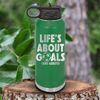 Green Soccer Water Bottle With Celebrating Scores And Teamwork Design