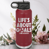 Maroon Soccer Water Bottle With Celebrating Scores And Teamwork Design