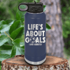 Navy Soccer Water Bottle With Celebrating Scores And Teamwork Design