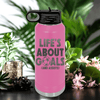Pink Soccer Water Bottle With Celebrating Scores And Teamwork Design