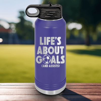 Purple Soccer Water Bottle With Celebrating Scores And Teamwork Design