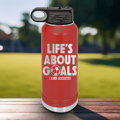 Red Soccer Water Bottle With Celebrating Scores And Teamwork Design