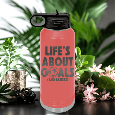 Salmon Soccer Water Bottle With Celebrating Scores And Teamwork Design