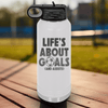 White Soccer Water Bottle With Celebrating Scores And Teamwork Design