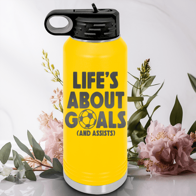 Yellow Soccer Water Bottle With Celebrating Scores And Teamwork Design