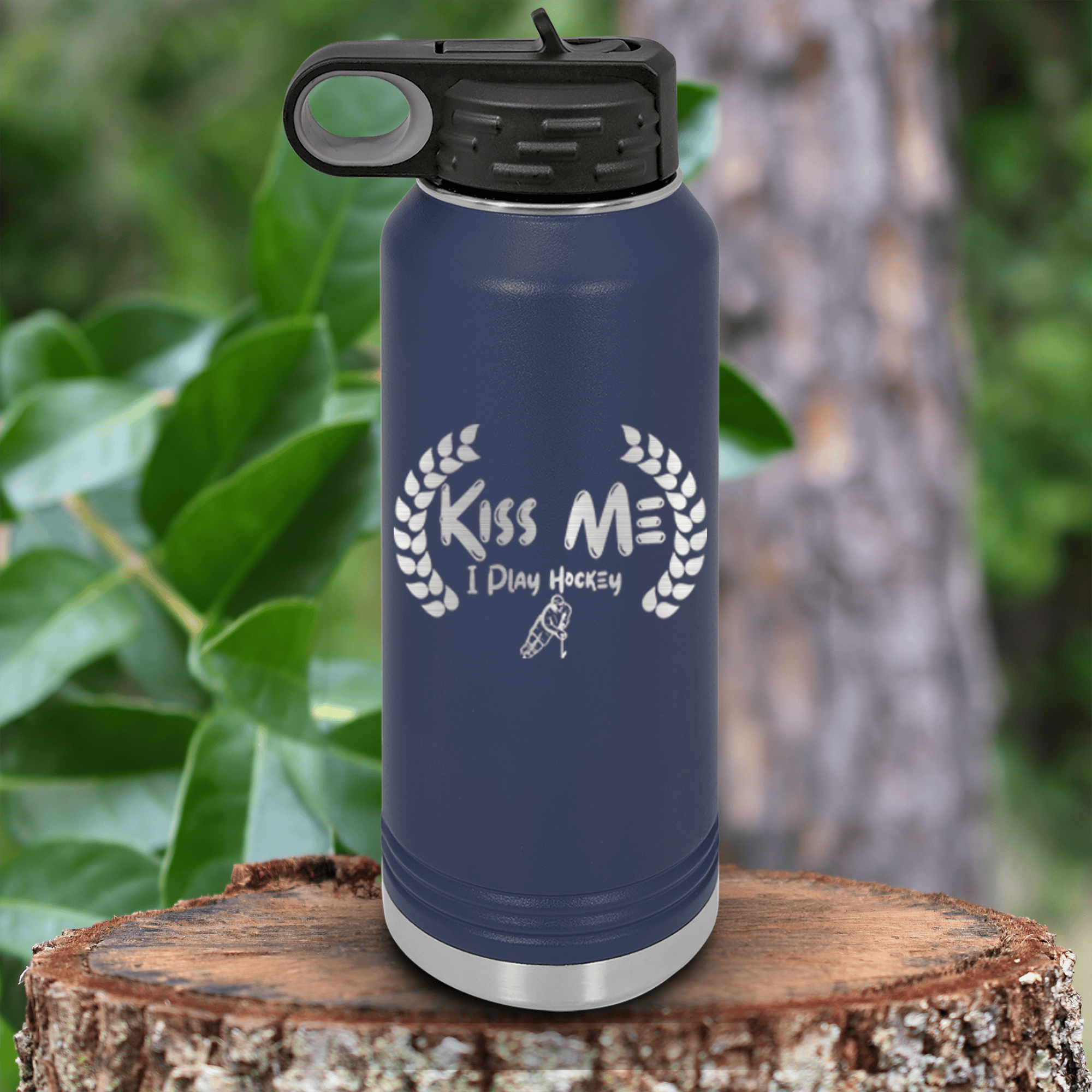 Navy Hockey Water Bottle With Chapped By Chasing Pucks Design