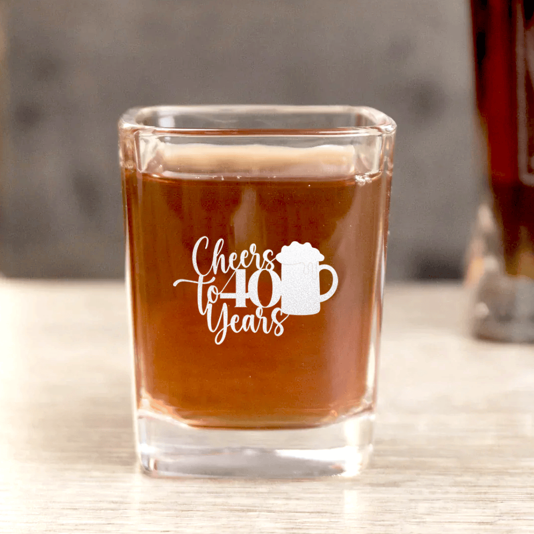 Unique Personalized Cheers To Fourty Beer Square Shotglass Customized Birthday Flasks Gifts for Men by Groovy Guy