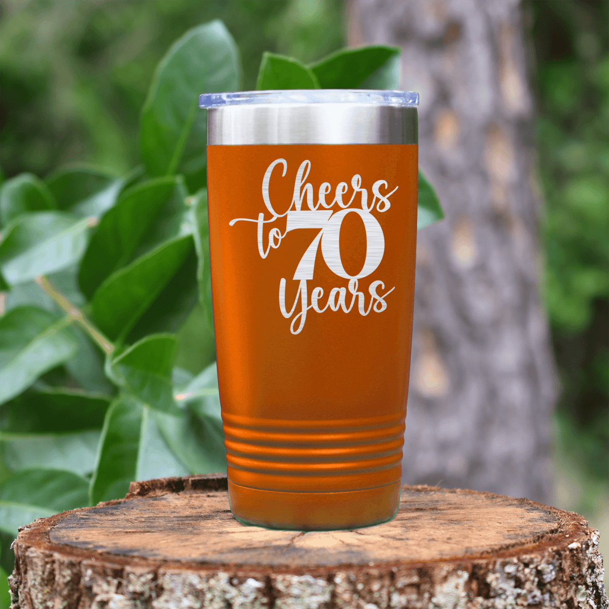 Orange Birthday Tumbler With Cheers To Seventy Years Design