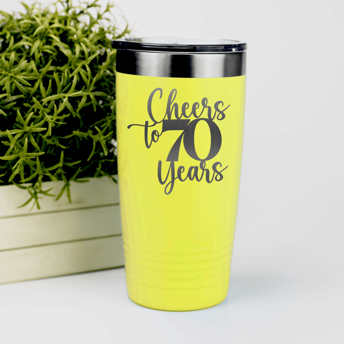 Yellow Birthday Tumbler With Cheers To Seventy Years Design