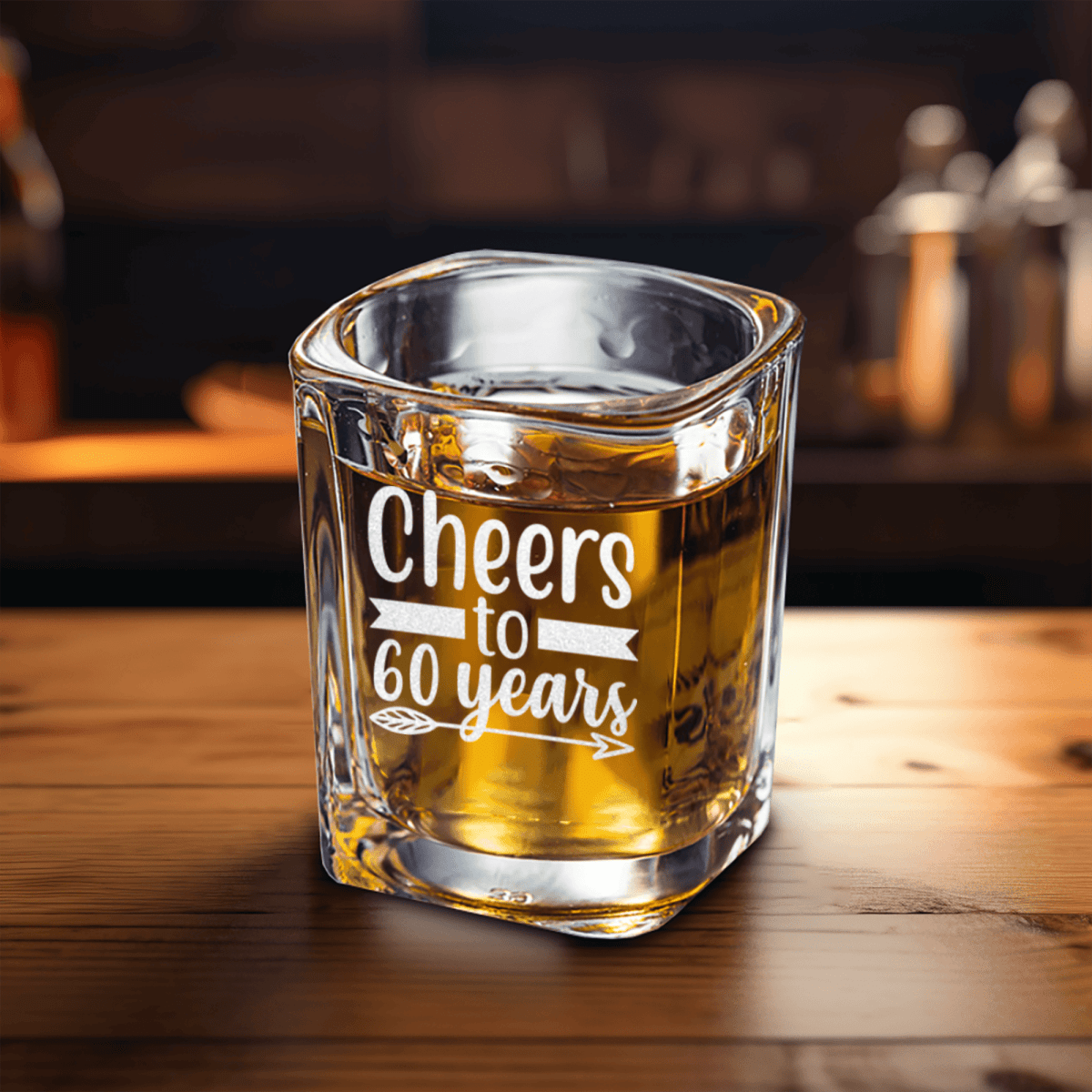 Unique Personalized Cheers To Sixty Arrow Square Shotglass Customized Birthday Flasks Gifts for Men by Groovy Guy