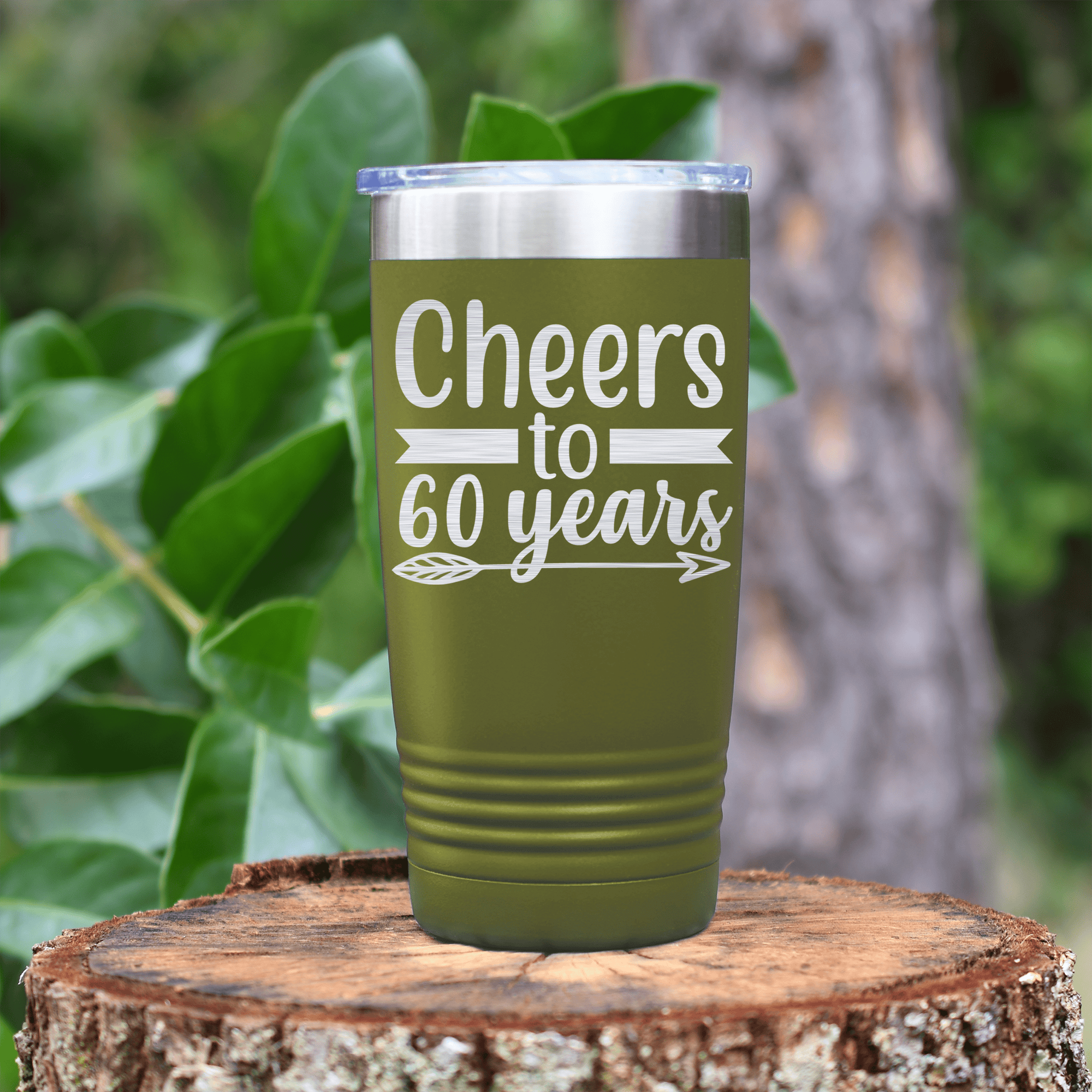 Military Green Birthday Tumbler With Cheers To Sixty Arrow Design