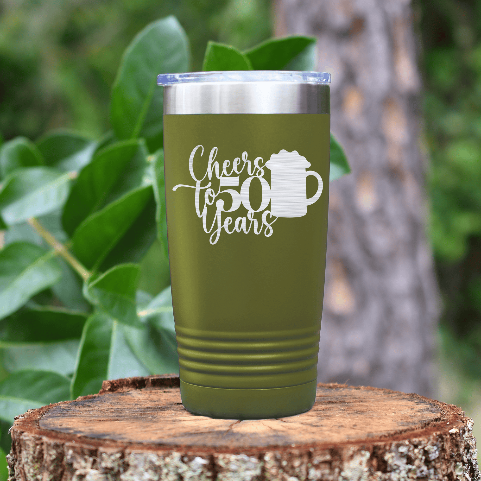 Military Green Birthday Tumbler With Cheers To 50 Years Beers Design