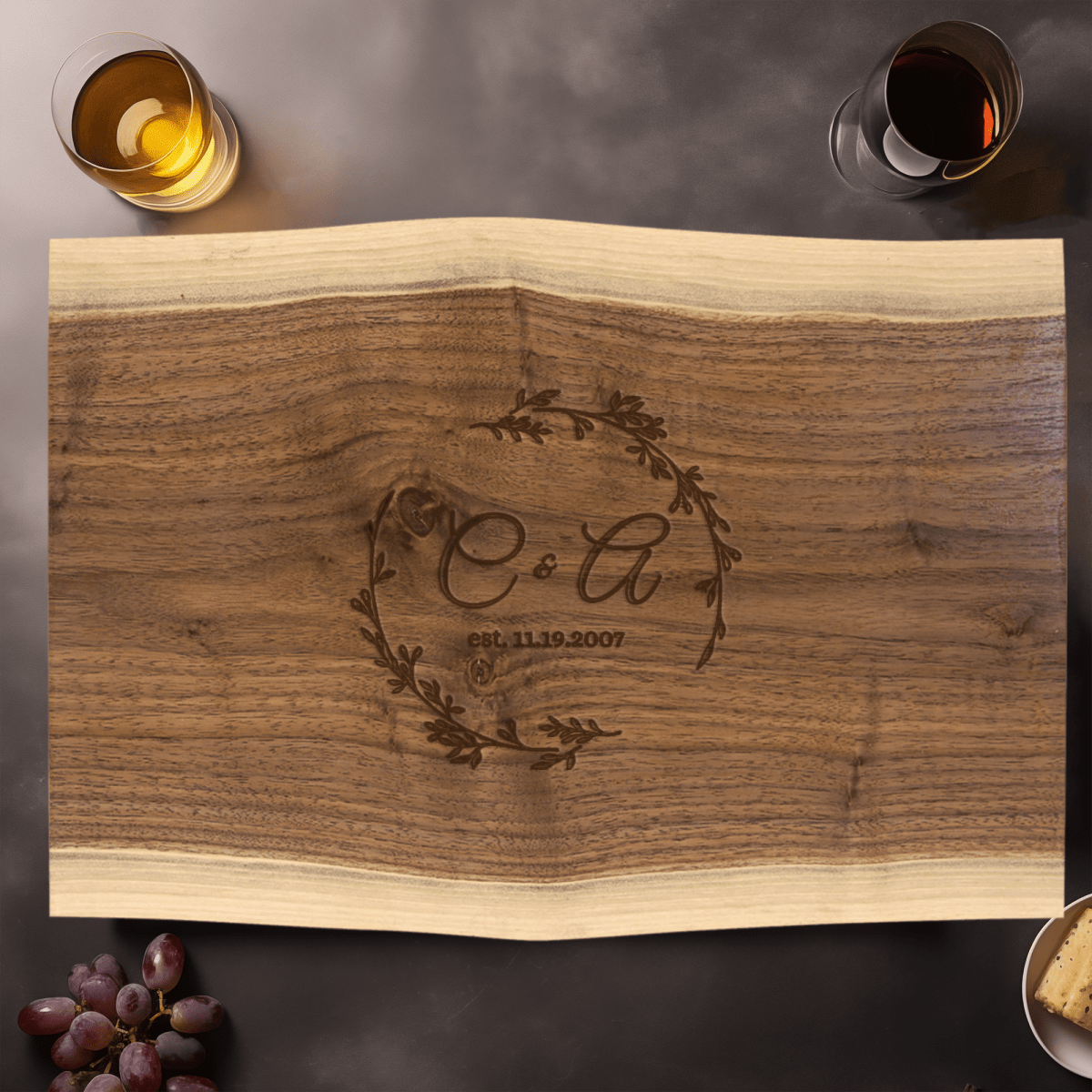 Anniversary Walnut Cutting Board With Couples Chronicle Design