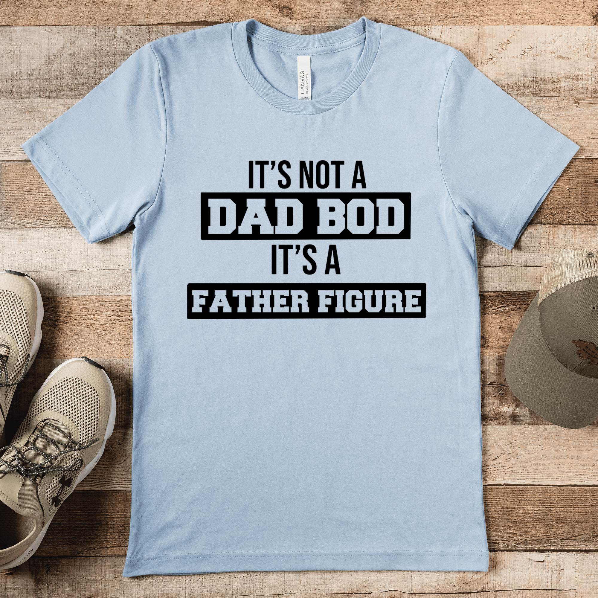 Light Blue Mens T-Shirt With Dad Bod Father Figure Design