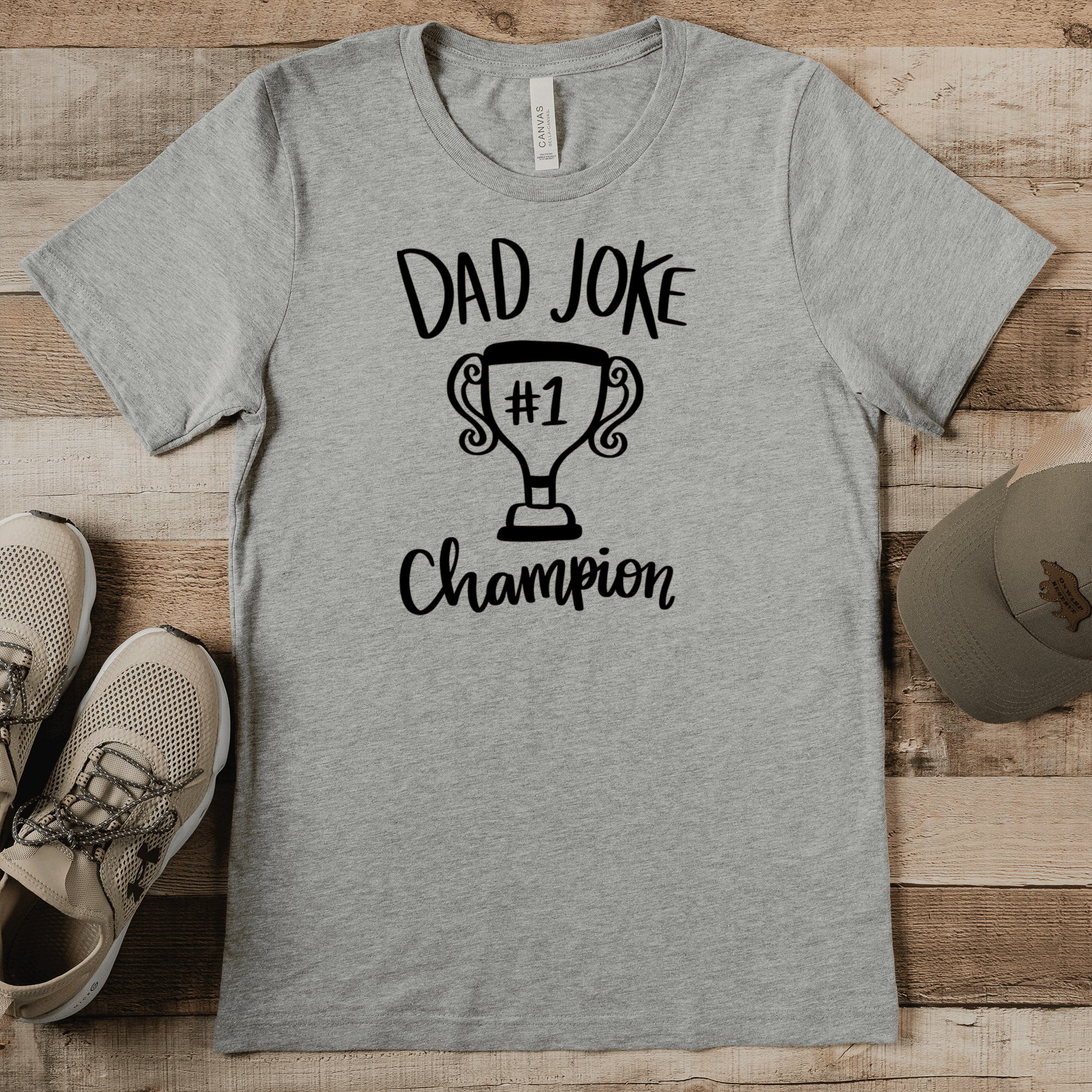 Grey Mens T-Shirt With Dad Joke Champ Design
