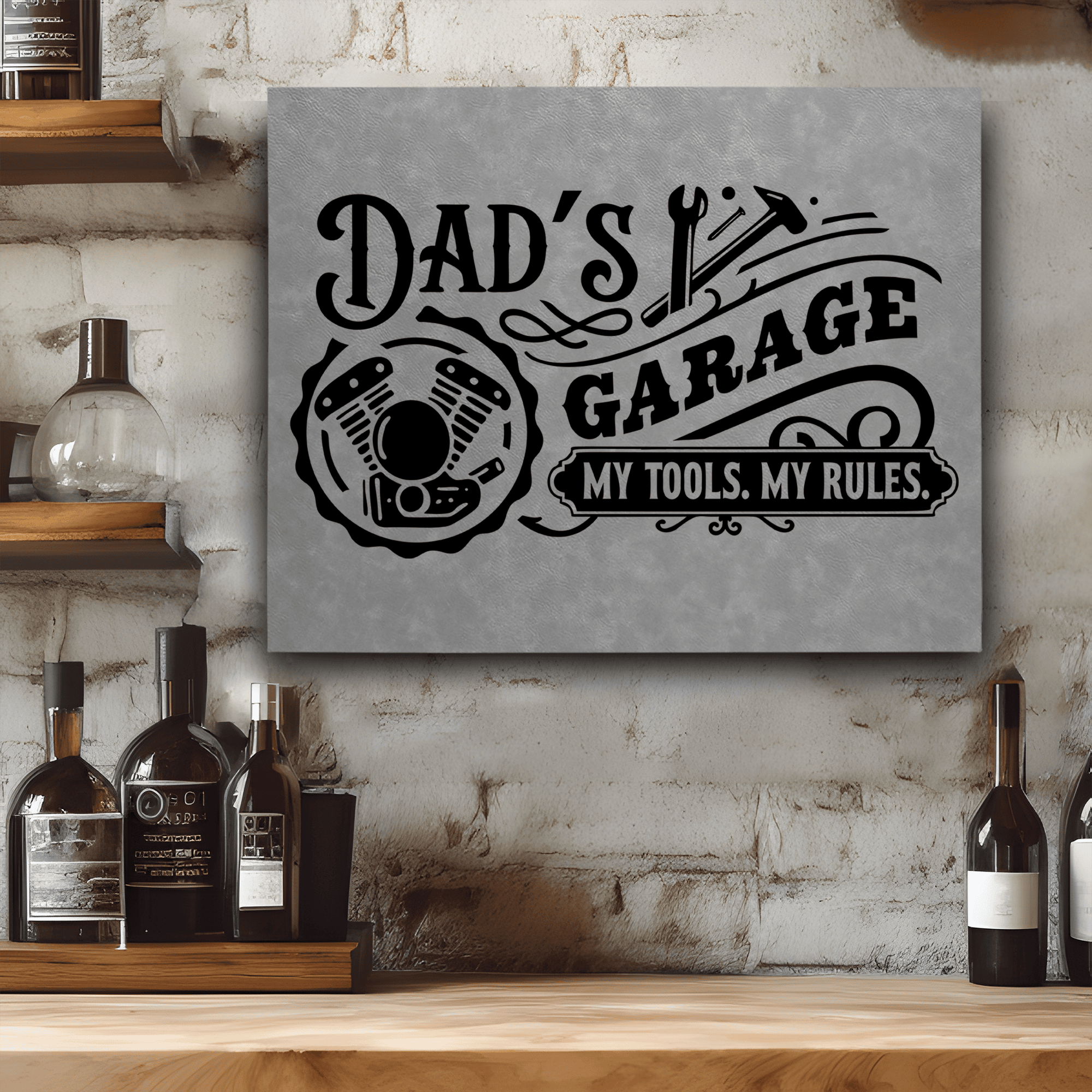 Grey Leather Wall Decor With Dads Garage Rules Design