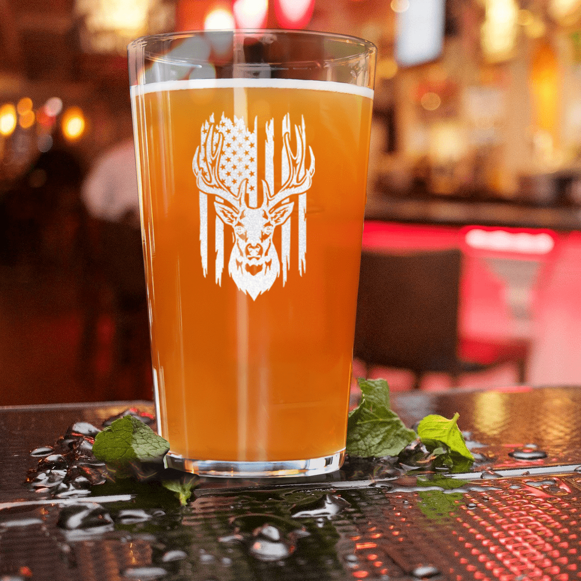 Unique Personalized Deer Torn American Flag Pint Glass Customized Military Retirement Pint Glasses Gifts for Men by Groovy Guy