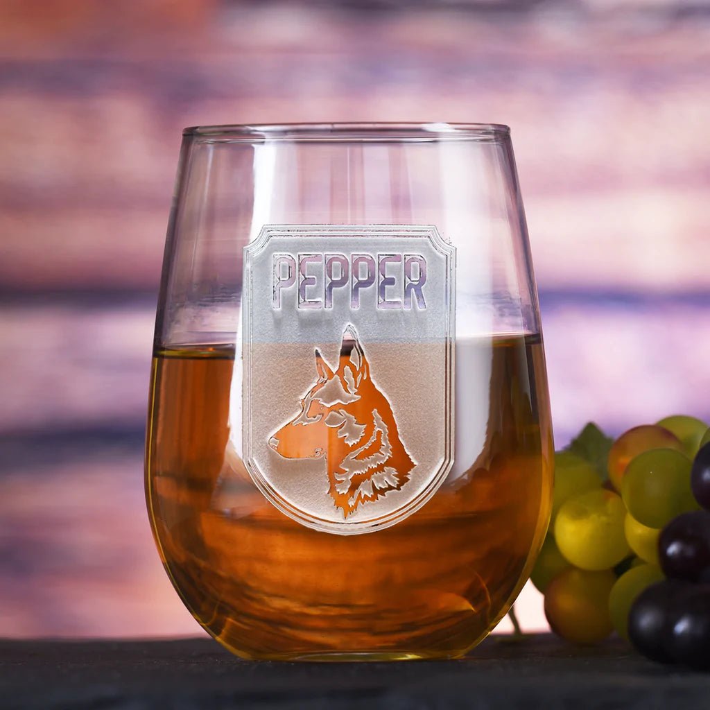 Unique Personalized Personalized Dog Breed Stemless Wine Glass Customized Drinking Glass Gifts for Men by Groovy Guy