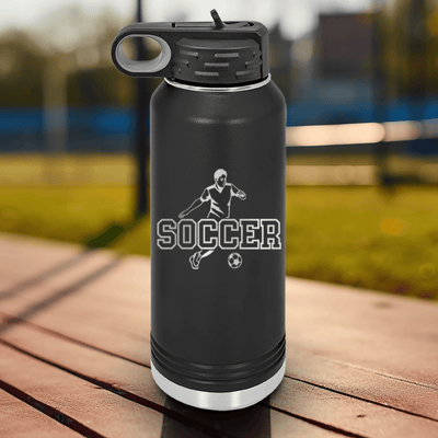 Black Soccer Water Bottle With Dynamic Player On The Pitch Design
