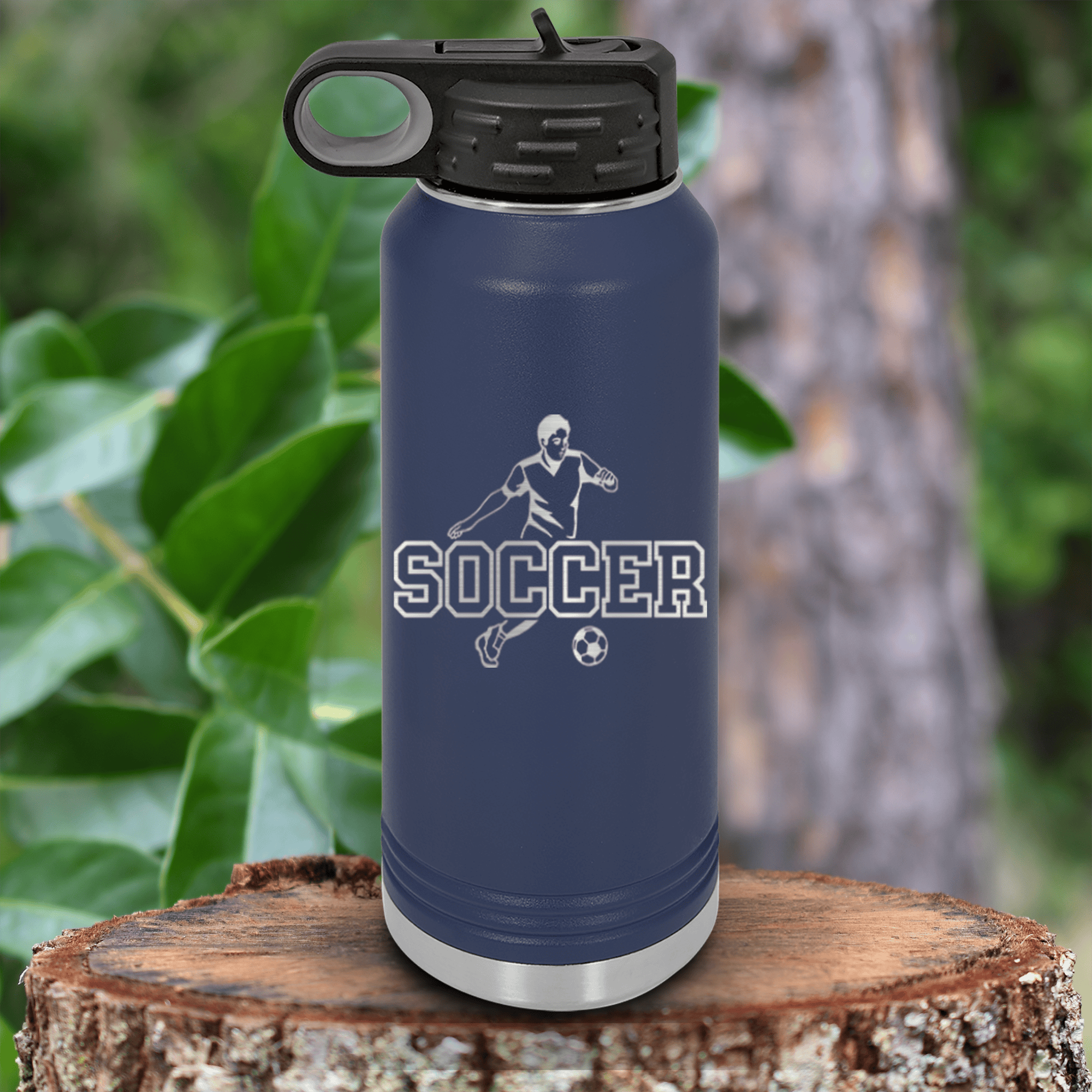 Navy Soccer Water Bottle With Dynamic Player On The Pitch Design