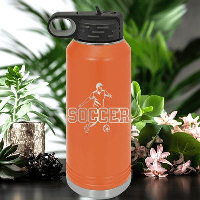 Orange Soccer Water Bottle With Dynamic Player On The Pitch Design