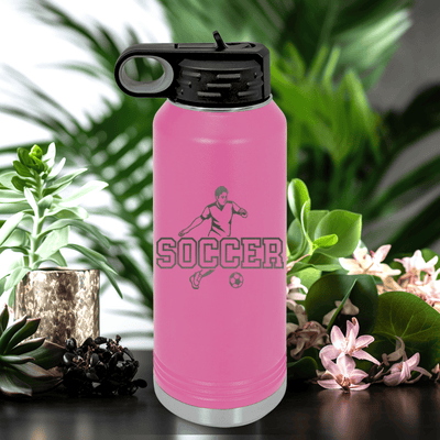 Pink Soccer Water Bottle With Dynamic Player On The Pitch Design