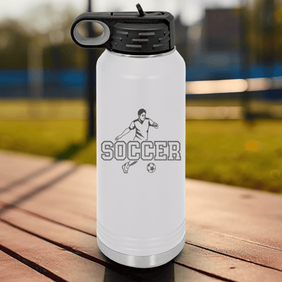 White Soccer Water Bottle With Dynamic Player On The Pitch Design