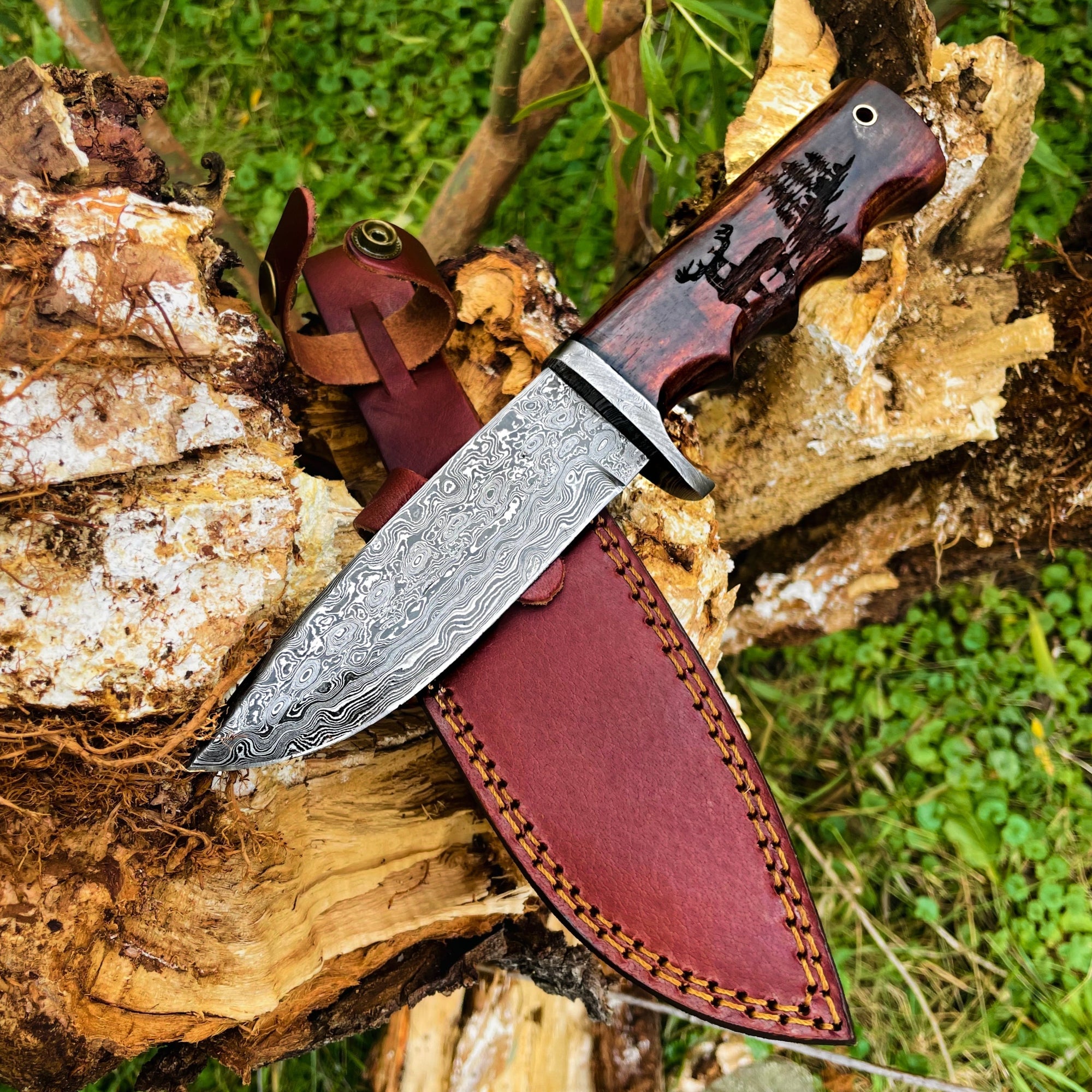 Custom Made Damascus Steel Fixed Blades Gut Hook Deer Hunting and