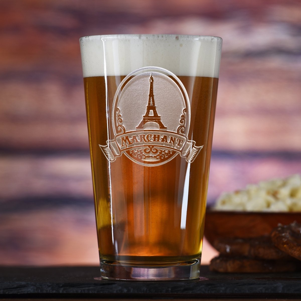 Paris Skyline personalized Eiffel Tower pint glass with sand-carved travel design