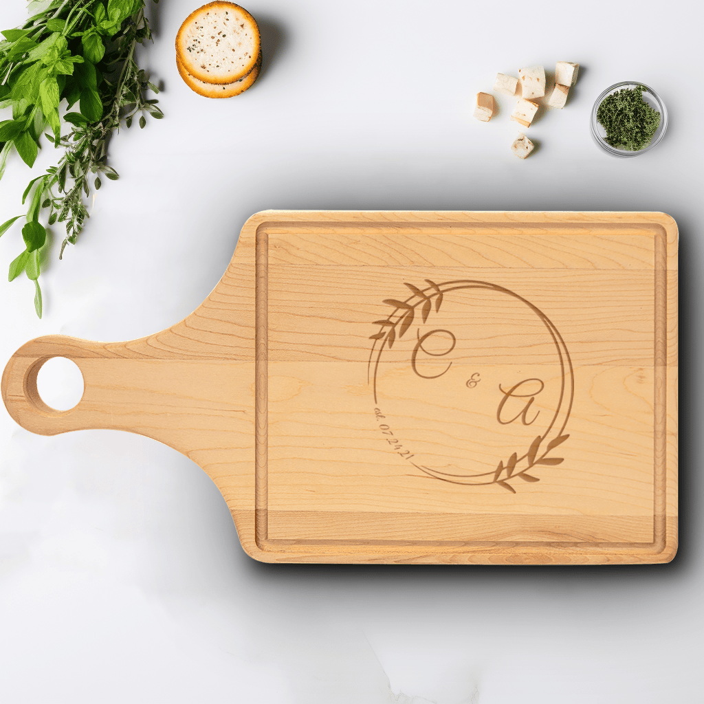 Anniversary Maple Paddle Cutting Board With Eternal Embrace Design