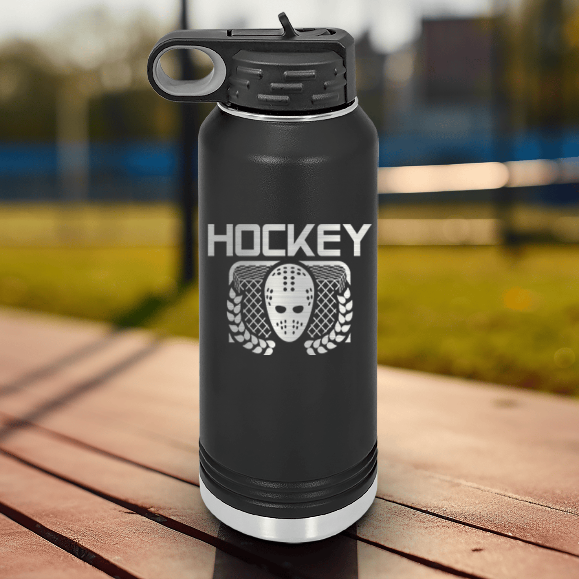 Black Hockey Water Bottle With Face Off Fierce Design