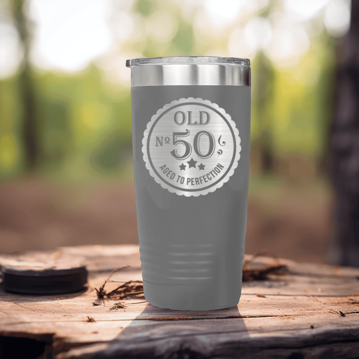 Grey Birthday Tumbler With Fifty Aged To Perfection Design
