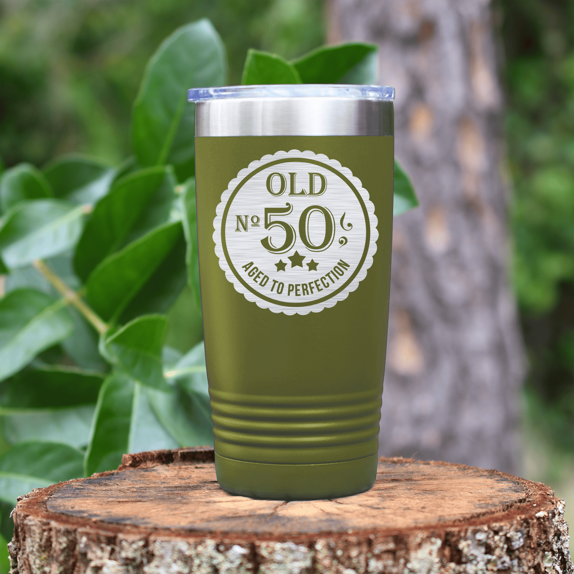 Military Green Birthday Tumbler With Fifty Aged To Perfection Design