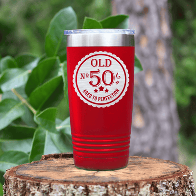 Red Birthday Tumbler With Fifty Aged To Perfection Design