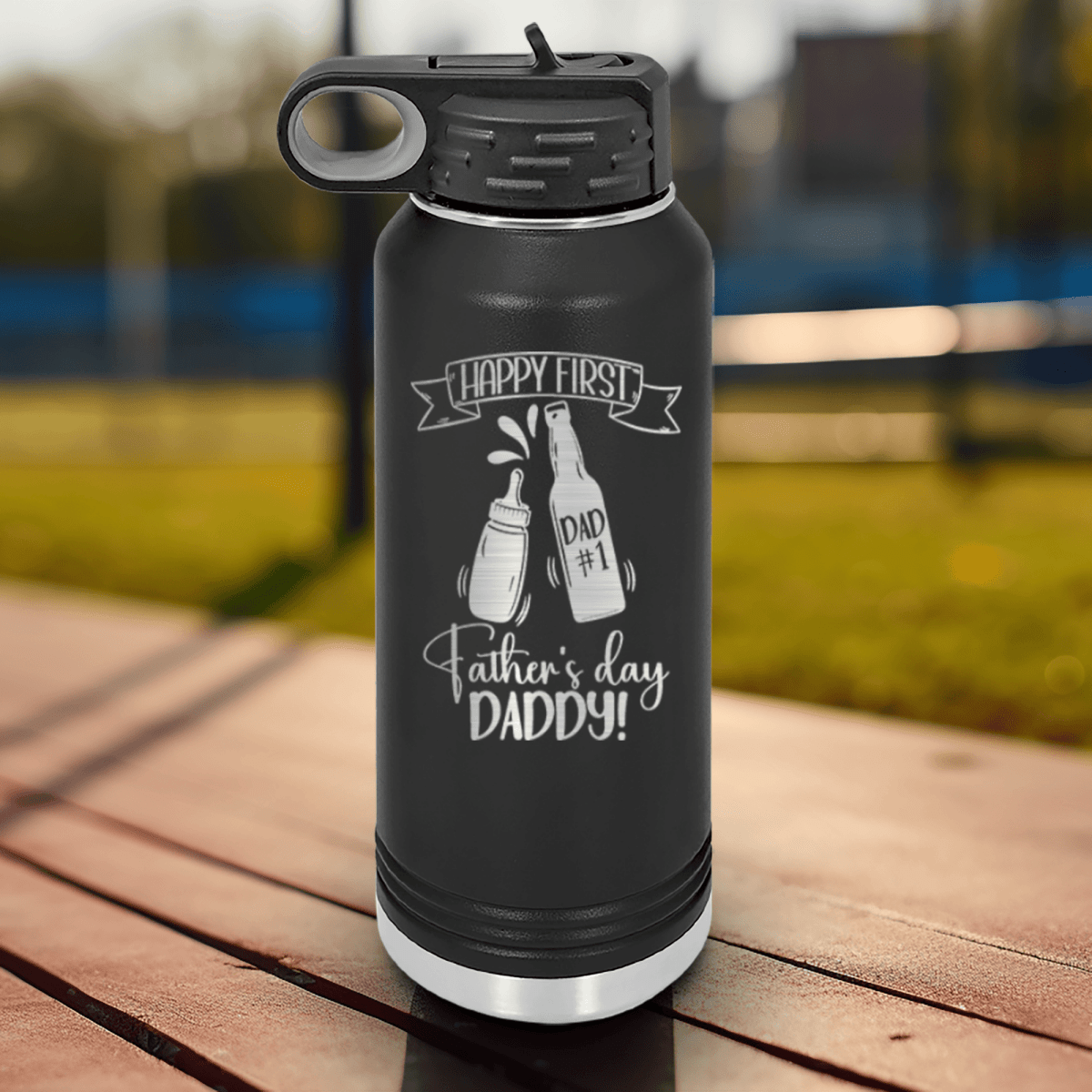 Black Fathers Day Water Bottle With First Fathers Day Design