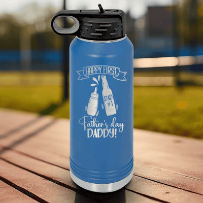 Blue Fathers Day Water Bottle With First Fathers Day Design