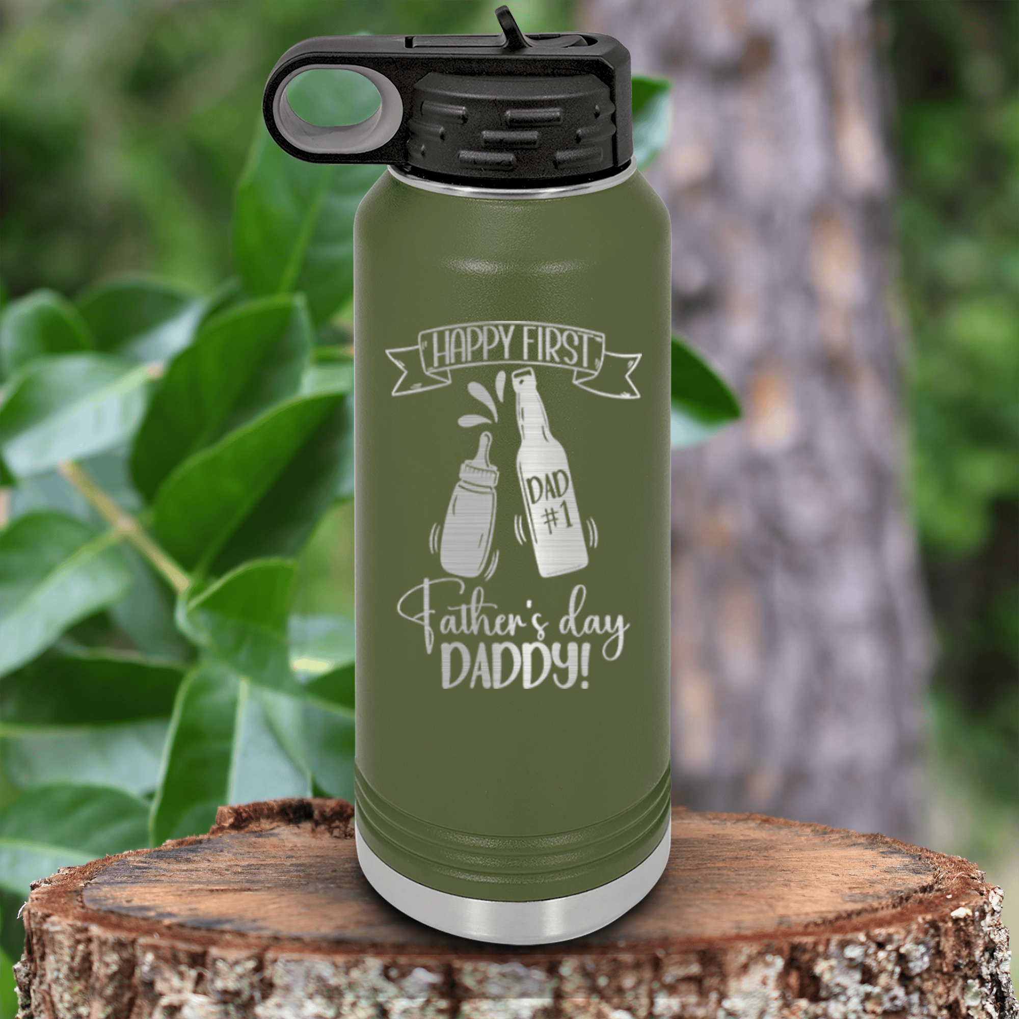 Military Green Fathers Day Water Bottle With First Fathers Day Design