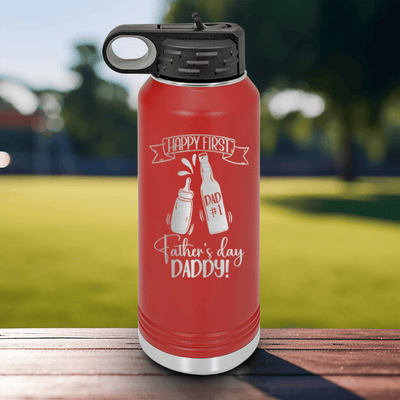 Red Fathers Day Water Bottle With First Fathers Day Design