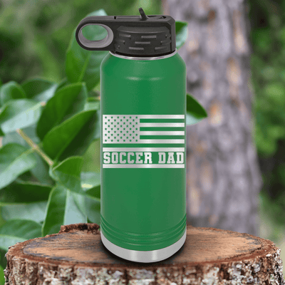 Green Soccer Water Bottle With Flag Waving Soccer Enthusiast Design