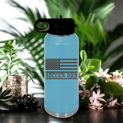 Light Blue Soccer Water Bottle With Flag Waving Soccer Enthusiast Design