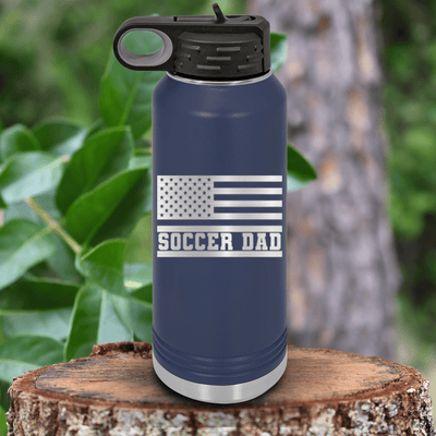 Navy Soccer Water Bottle With Flag Waving Soccer Enthusiast Design