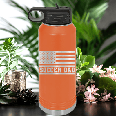 Orange Soccer Water Bottle With Flag Waving Soccer Enthusiast Design