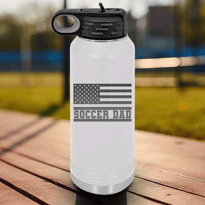 White Soccer Water Bottle With Flag Waving Soccer Enthusiast Design