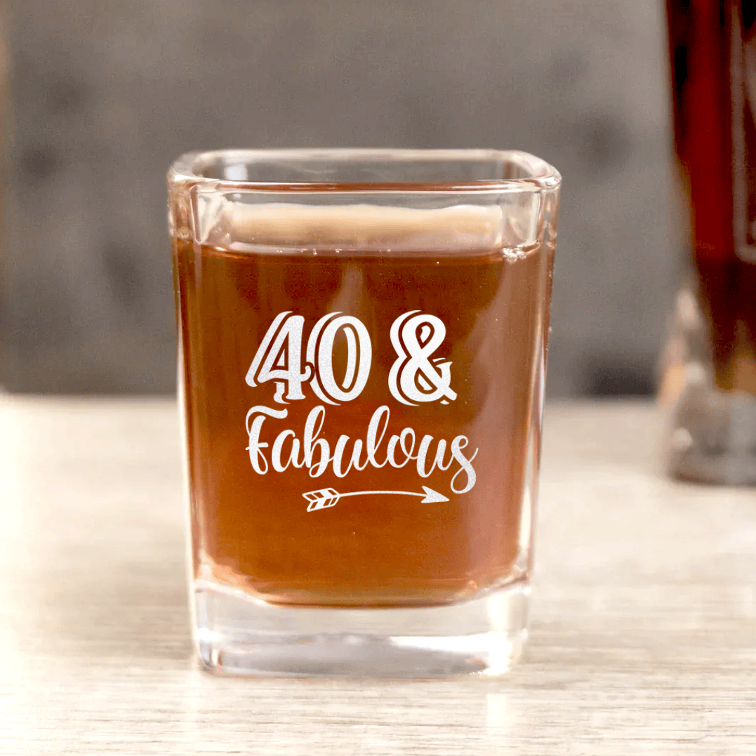 Unique Personalized Fourty And Fabulous Square Shotglass Customized Birthday Flasks Gifts for Men by Groovy Guy