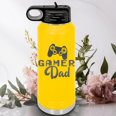 Yellow Fathers Day Water Bottle With Gamer Dad Design