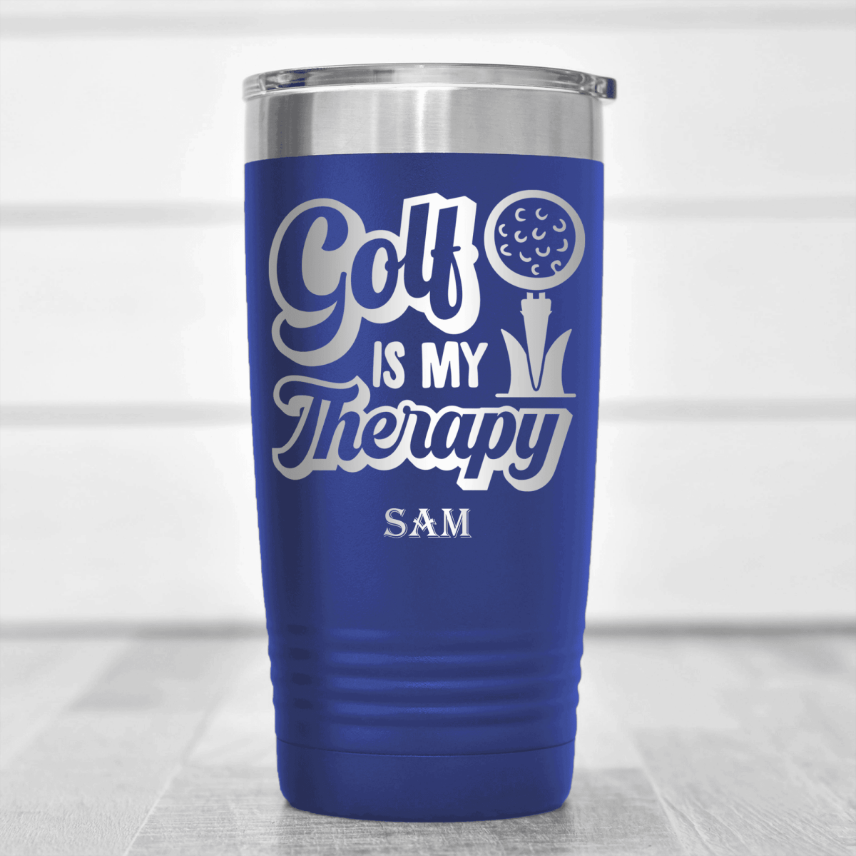 Blue Golf Tumbler With Golf Is My Therapy Design