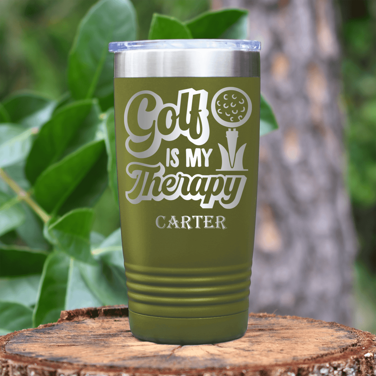 Military Green Golf Tumbler With Golf Is My Therapy Design