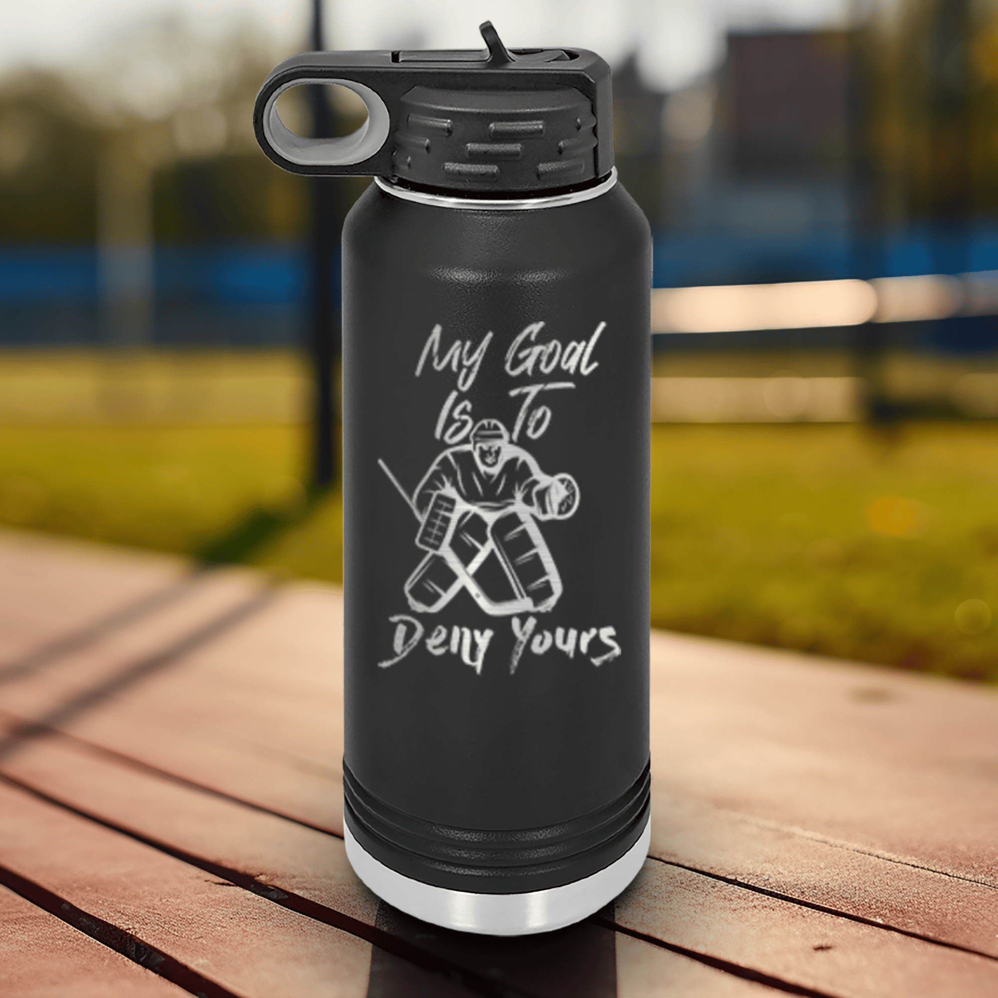 Black Hockey Water Bottle With Guarding The Net Foals Design